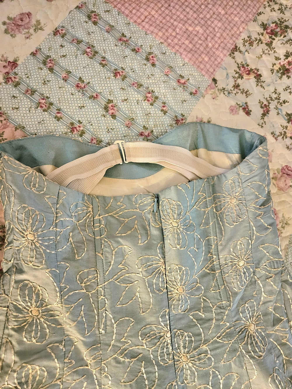 Light Blue Floral Brocade Strapless Dress - Picture 8 of 12